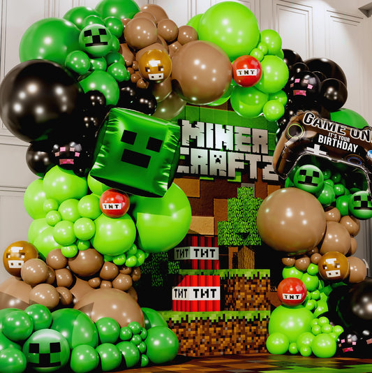 SHERYL DECOR pixel balloon arch kit with green, brown, black balloons for easy DIY party decor.