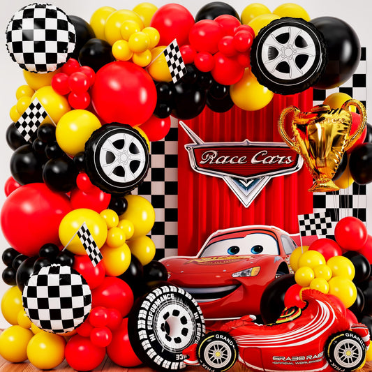 SHERYL DECOR all-in-1 race car arch kit offers easy DIY party centerpiece.