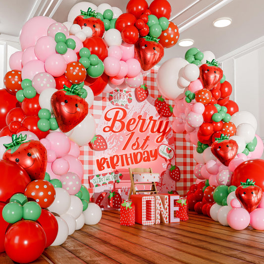 SHERYL DECOR all-in-1 strawberry arch kit setup shows quick assembly and vibrant balloons.