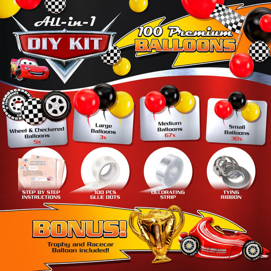 Bonus trophy and number 2 balloons elevate the race-themed display.