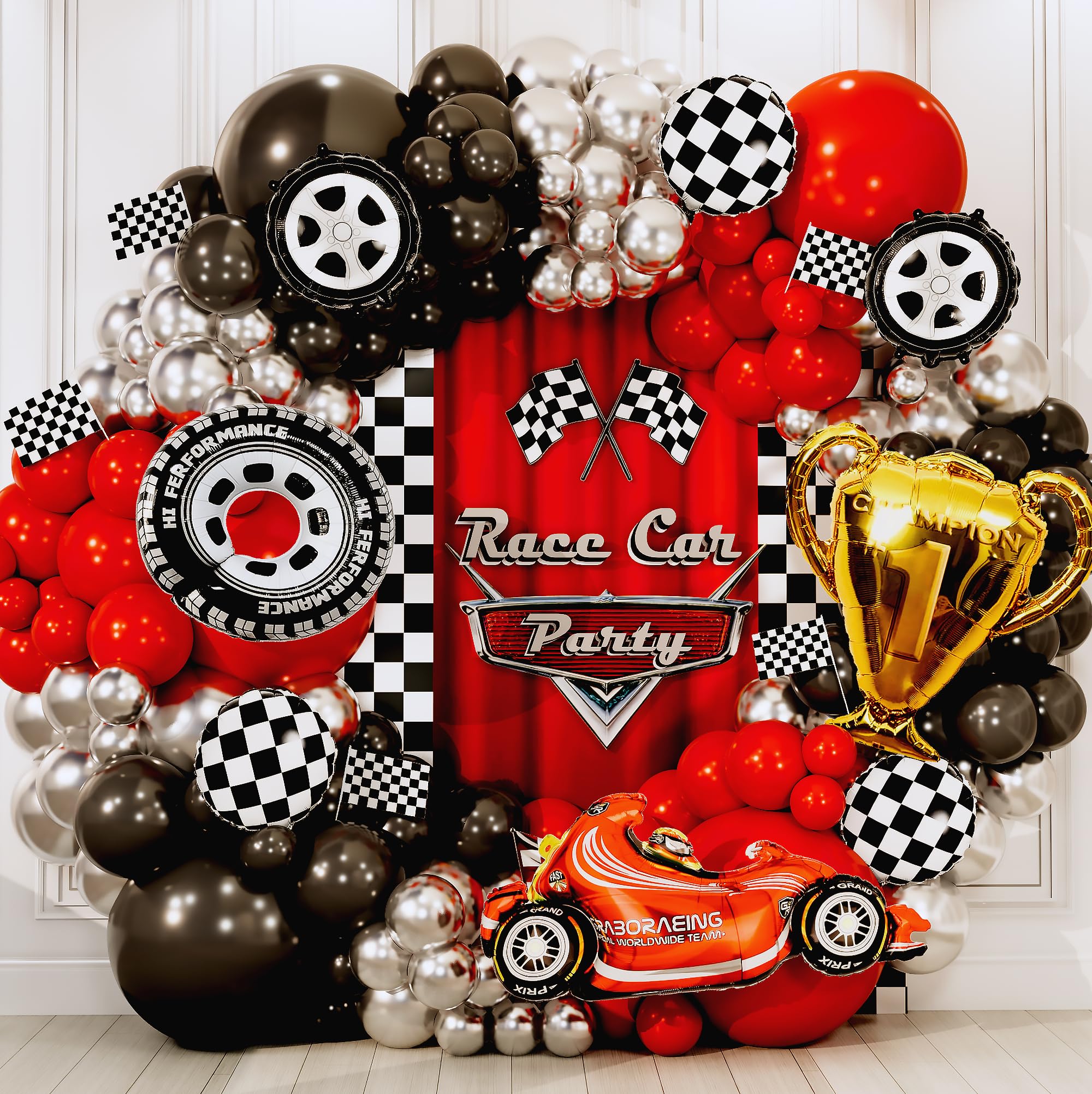 SHERYL DECOR checkered and race-car accents craft a lively display