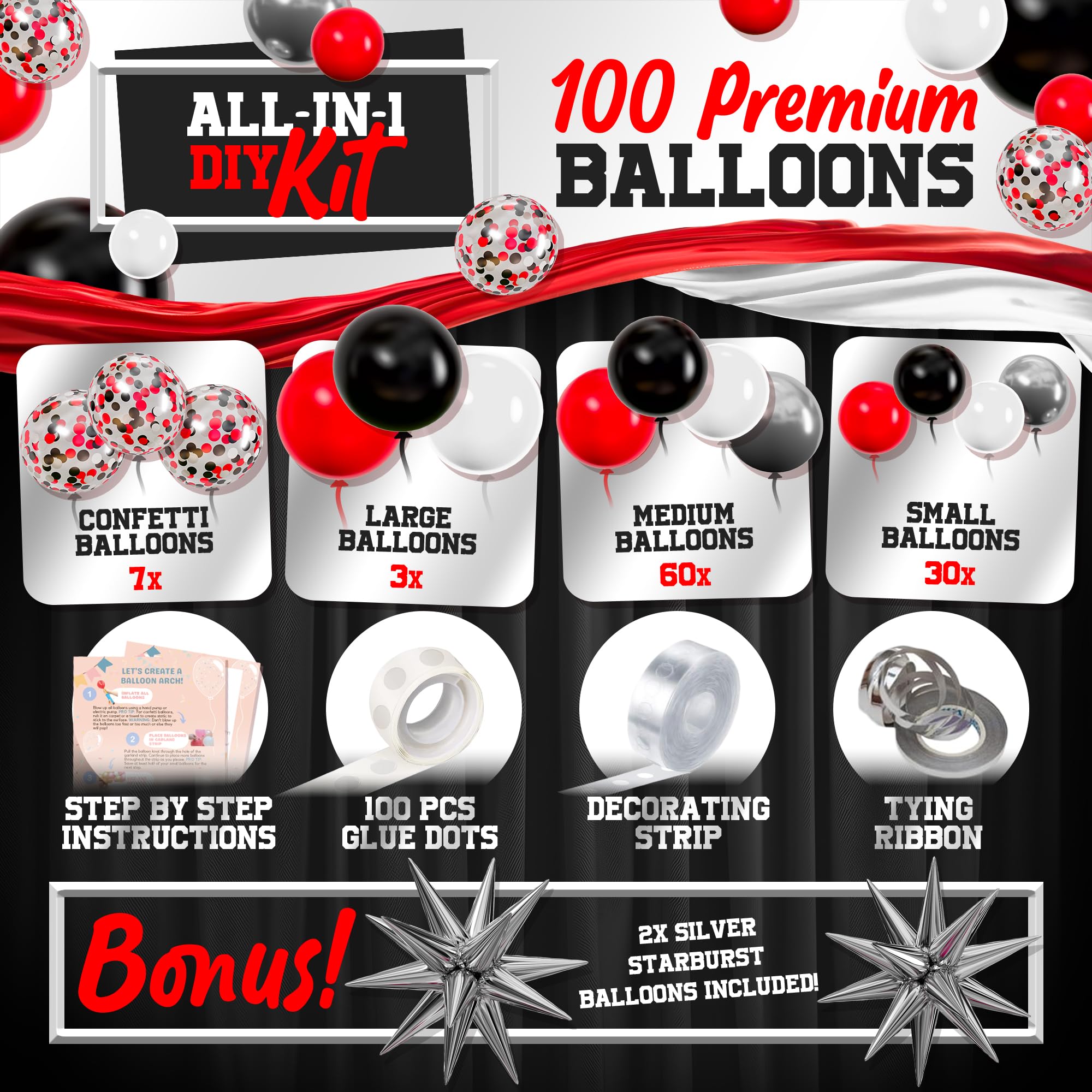 Four-size red black white balloons for versatile garland designs by SHERYL DECOR