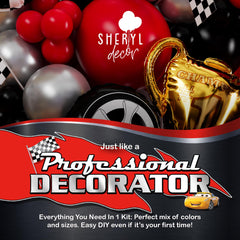 SHERYL DECOR red, black, silver balloons create bold Cars party colors