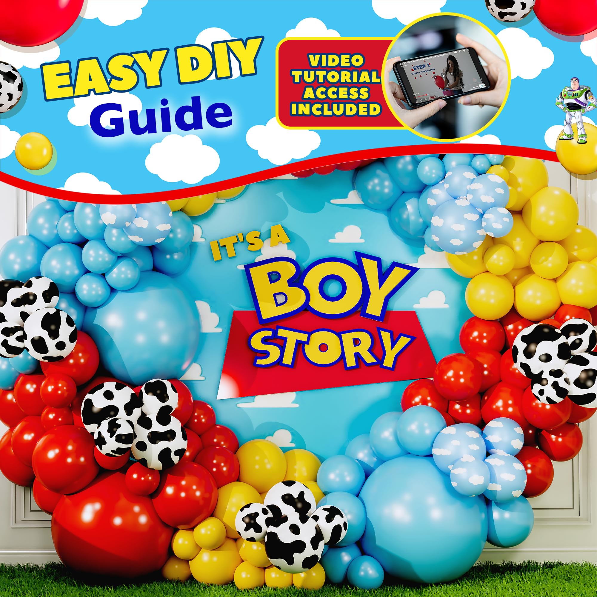 SHERYL DECOR Red yellow and blue balloons form a vibrant Toy Story arch