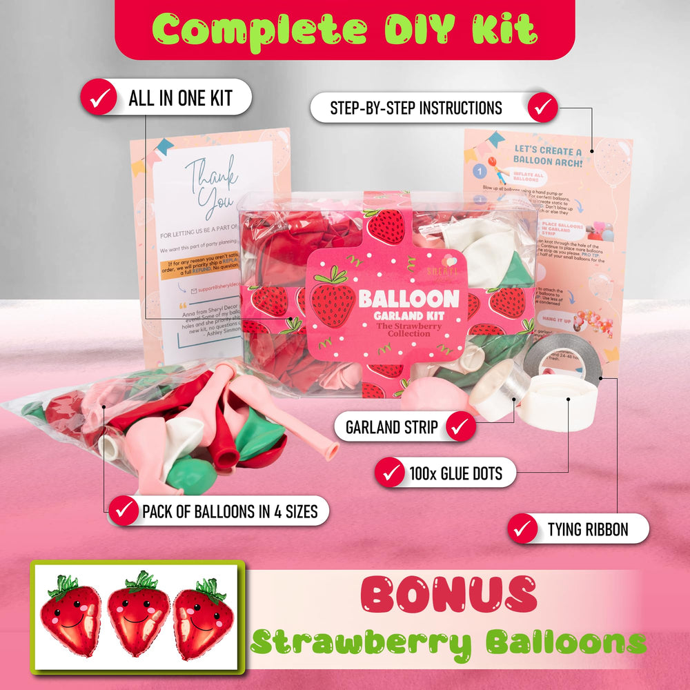 SHERYL DECOR strawberry arch kit glue dots highlight easy, secure balloon assembly.