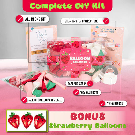 SHERYL DECOR strawberry arch kit glue dots highlight easy, secure balloon assembly.