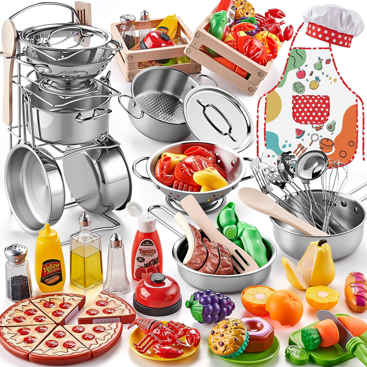 Shimirth play kitchen large stainless steel cookware shown for durable pretend cooking