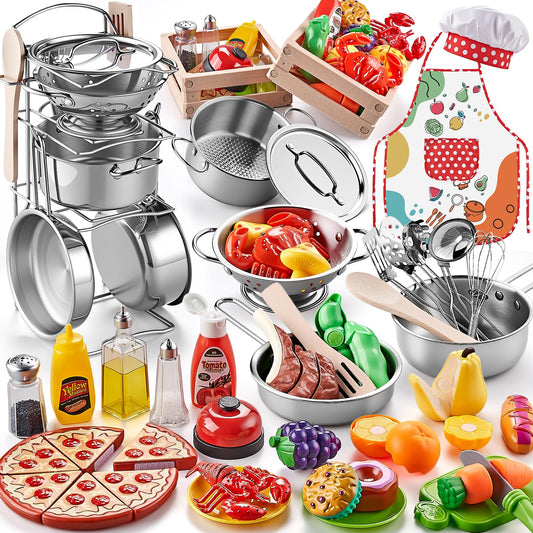Shimirth play kitchen large stainless steel cookware shown for durable pretend cooking