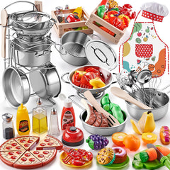 Shimirth play kitchen large stainless steel cookware shown for durable pretend cooking