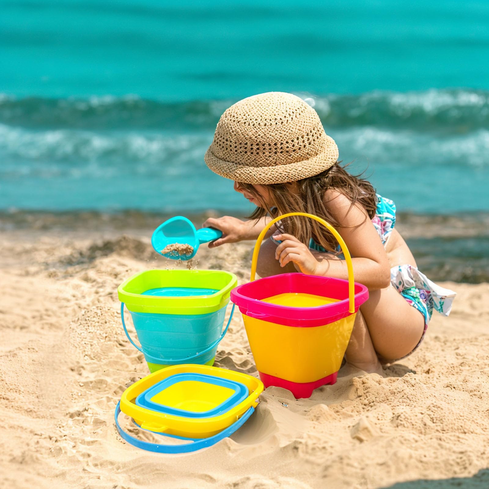 Shindel foldable sand bucket collapses flat for compact storage