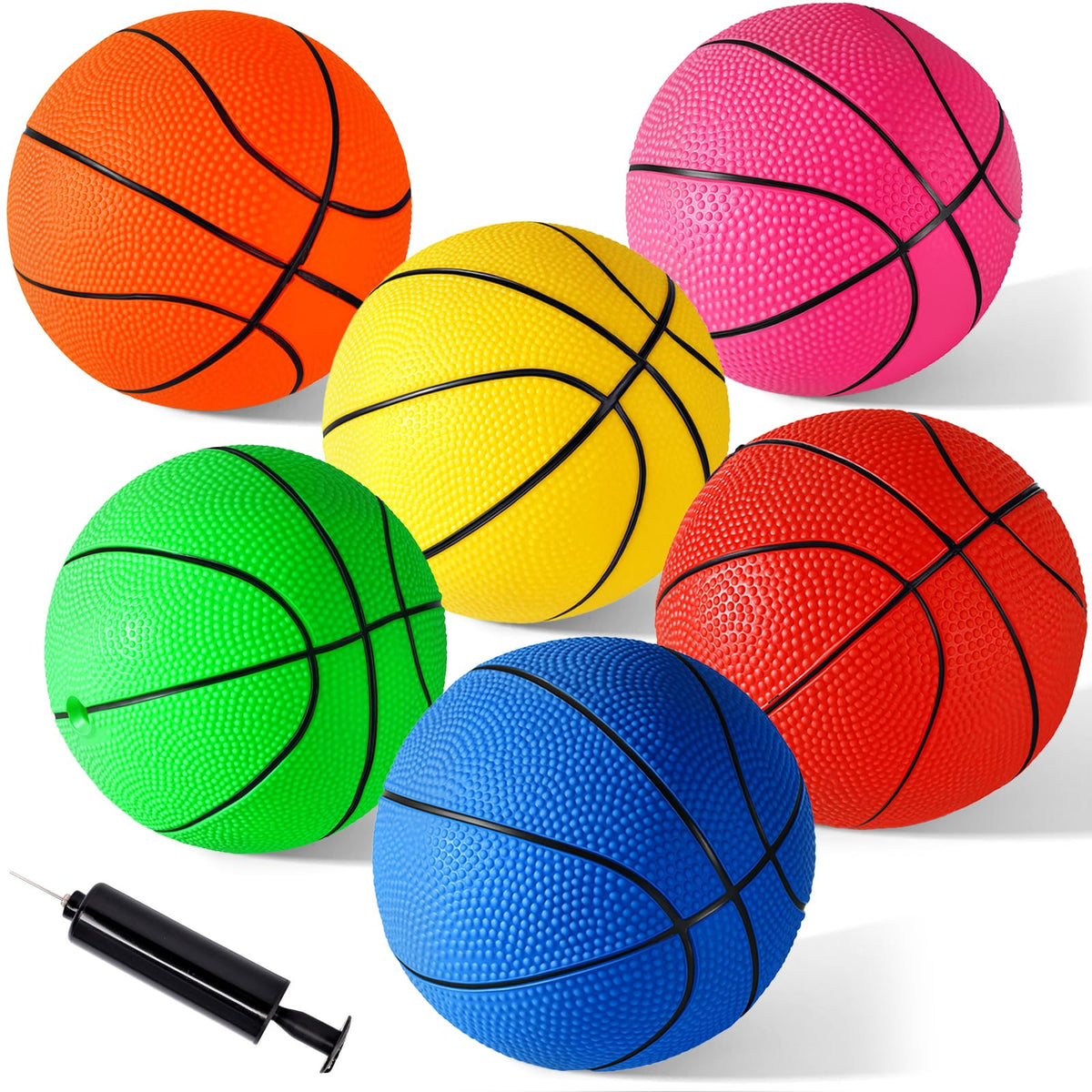 Shindel mini basketballs six-pack with pump for easy inflation and versatile play.