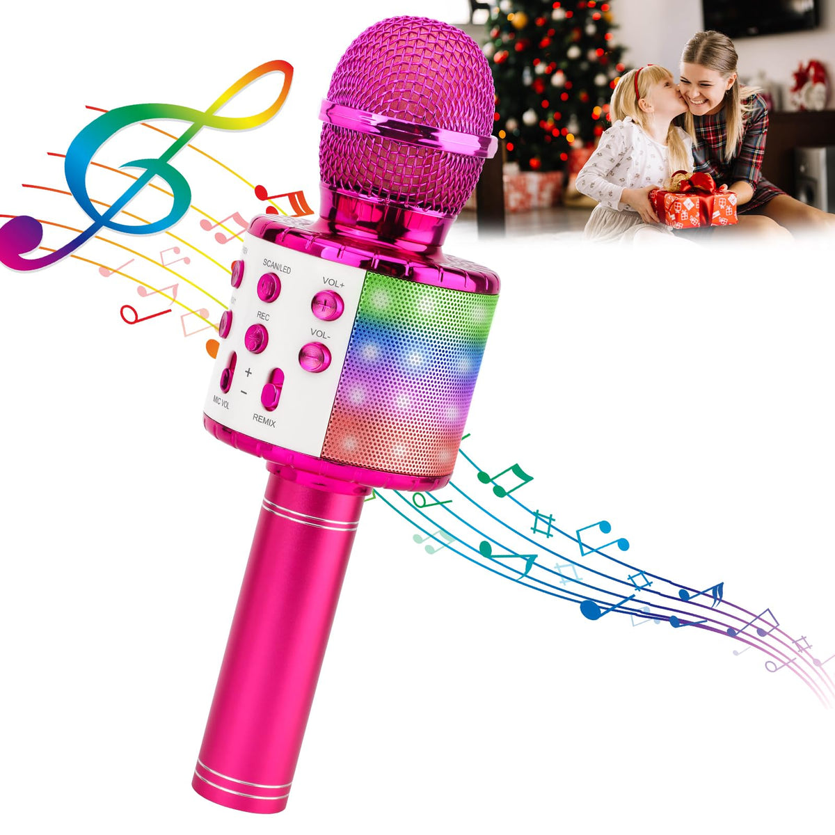 ShinePick Karaoke Microphone with LED lights front view, ideal for vibrant purple night performances.
