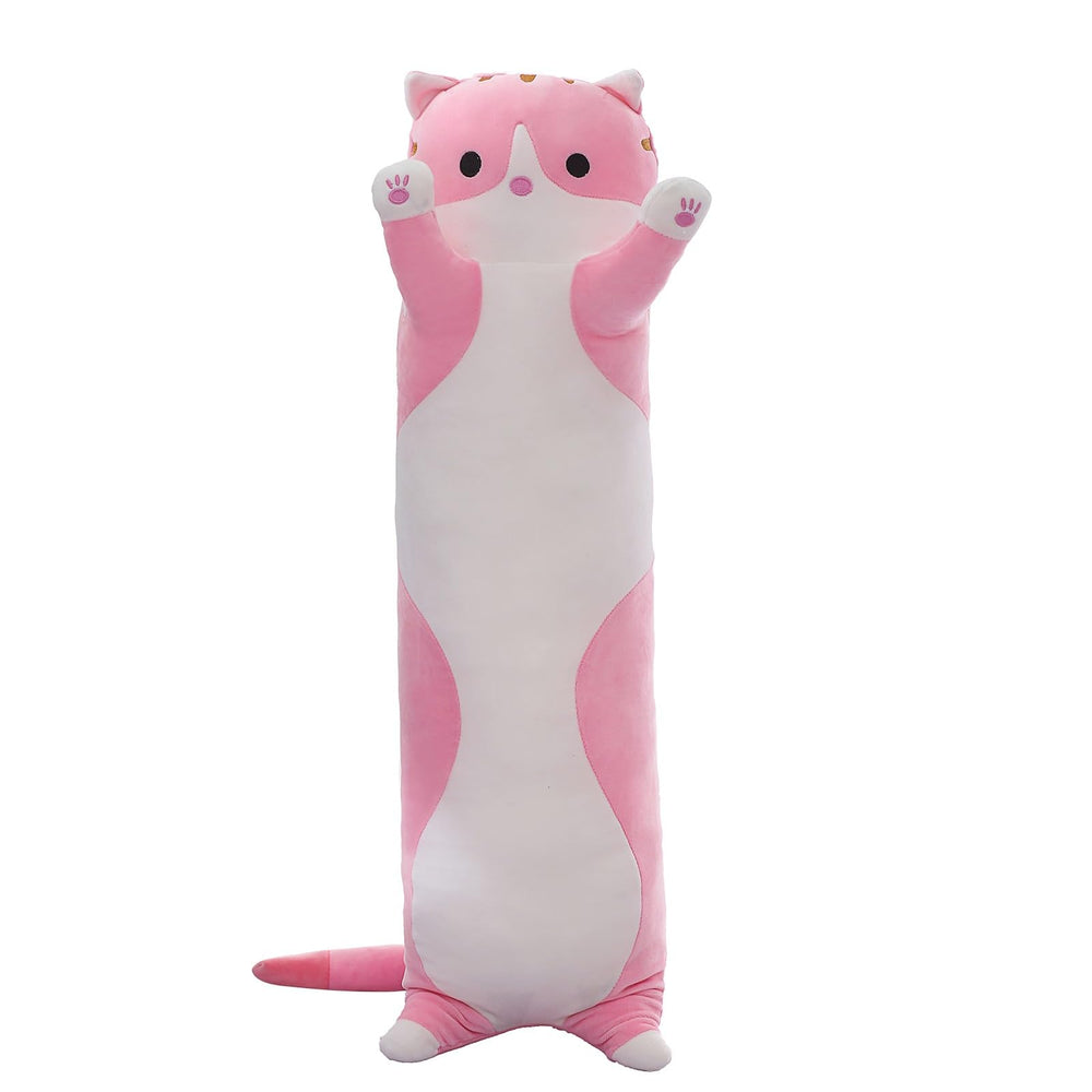 SHINUOER cute cat plush long body pillow in pink provides cozy support for lounging.