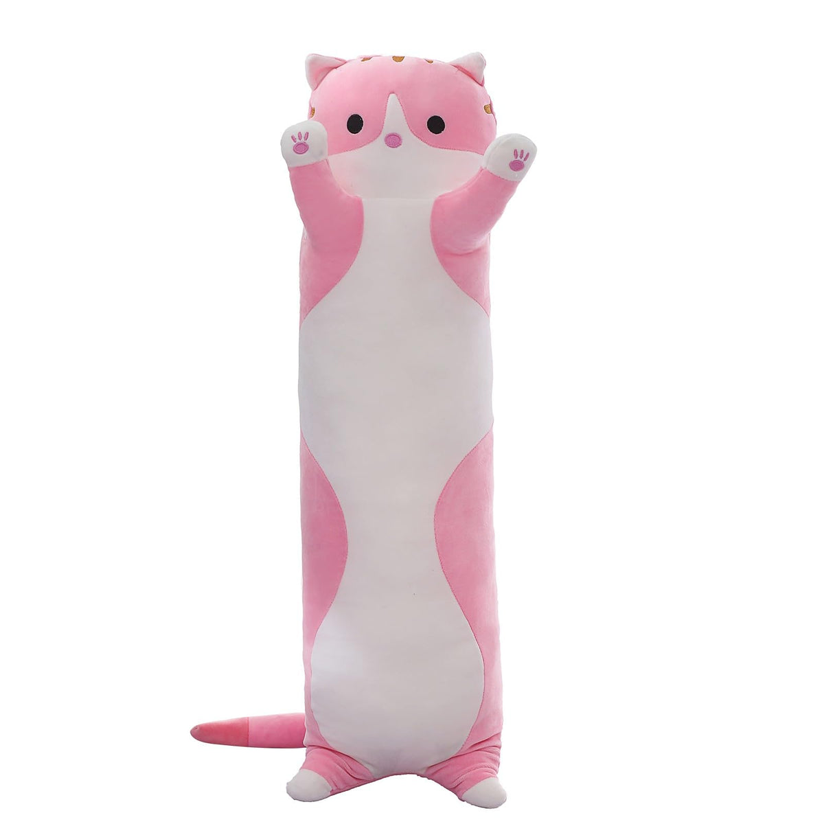 SHINUOER cute cat plush long body pillow in pink provides cozy support for lounging.