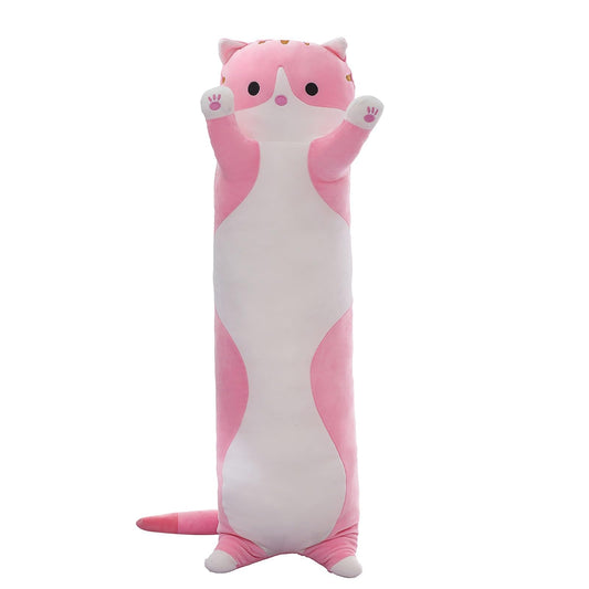 SHINUOER cute cat plush long body pillow in pink provides cozy support for lounging.