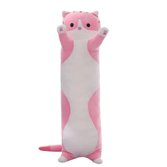SHINUOER cute cat plush long body pillow in pink provides cozy support for lounging.