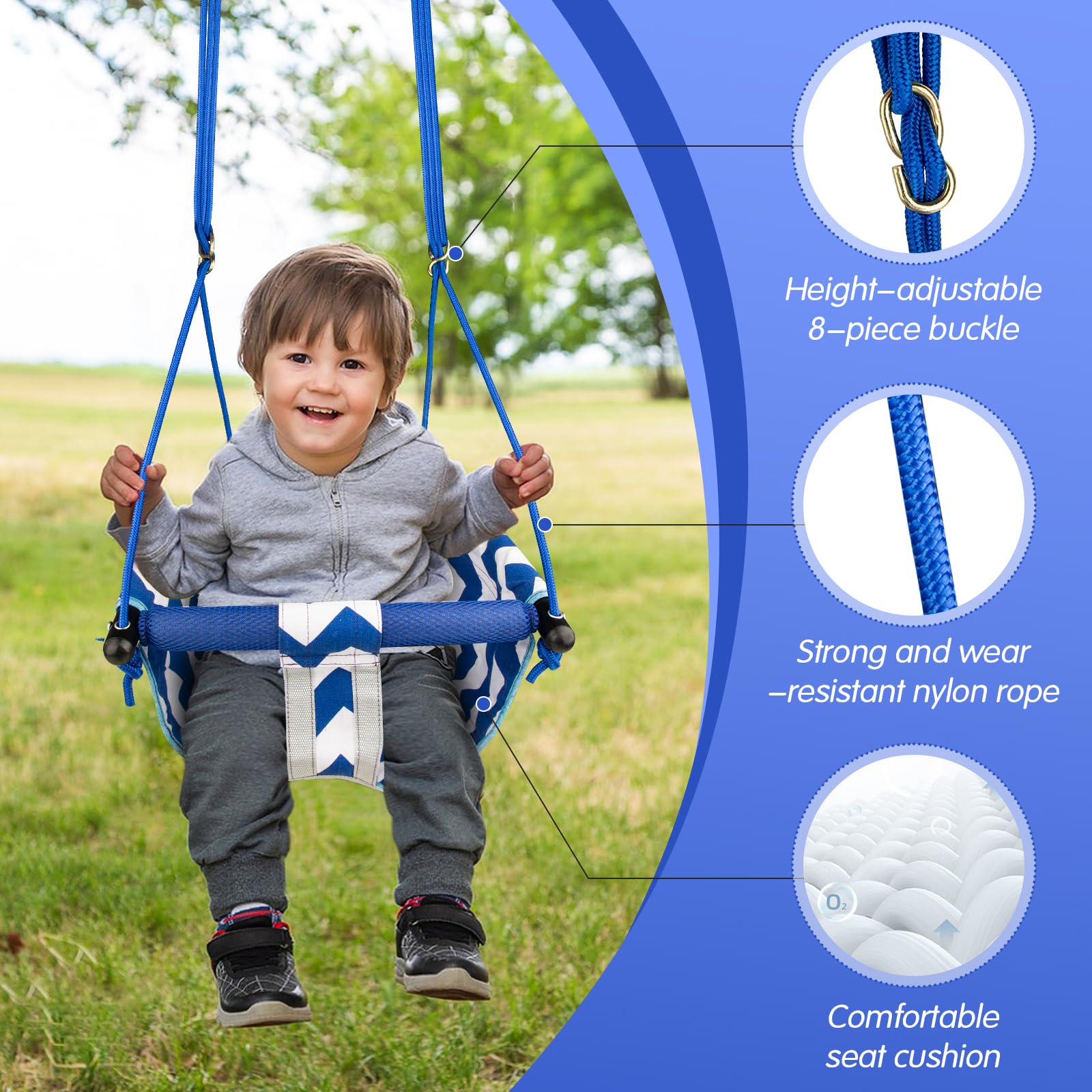 Shker Toddler Swing adjustable rope length fits different frames and spaces.