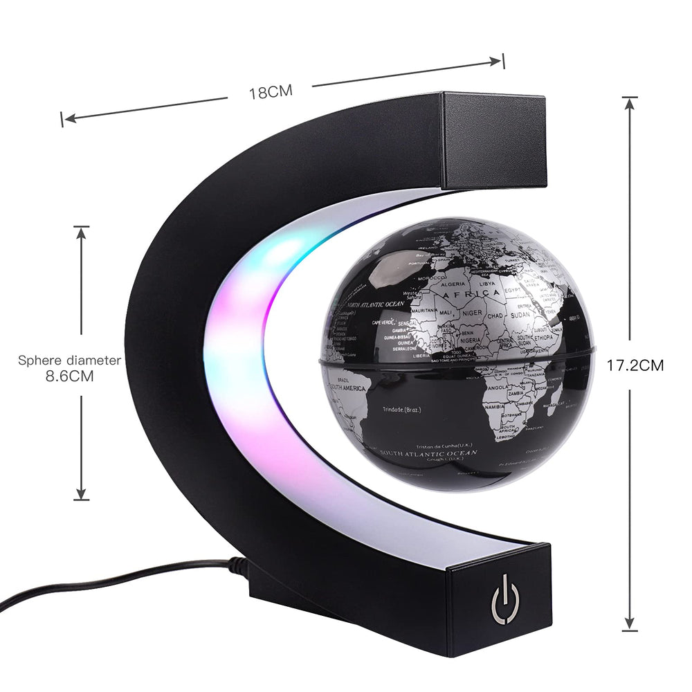 Shoclematirul floating globe with black LED glow complements modern office aesthetics