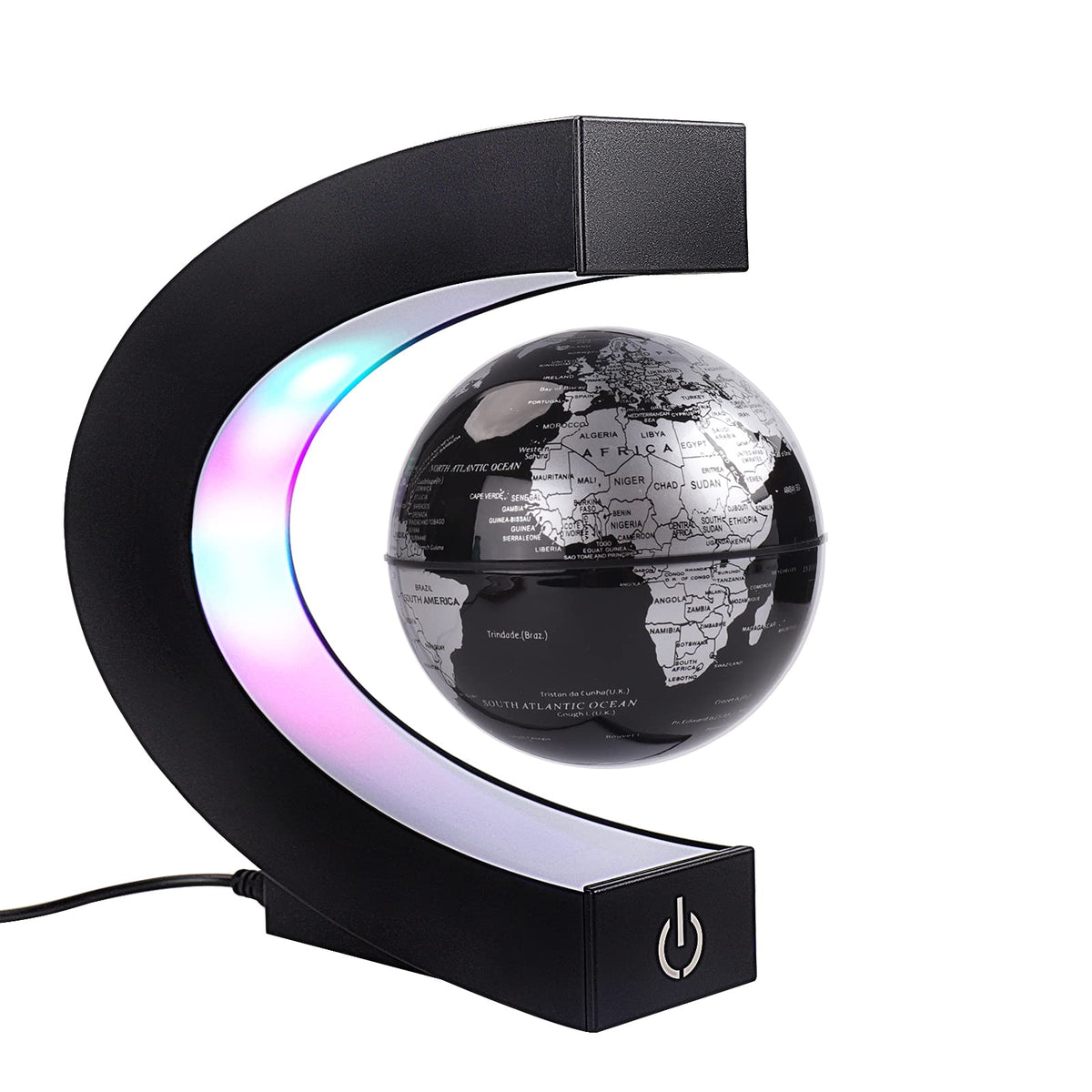 Shoclematirul floating globe with blue LED glow enhances desk ambiance and focus
