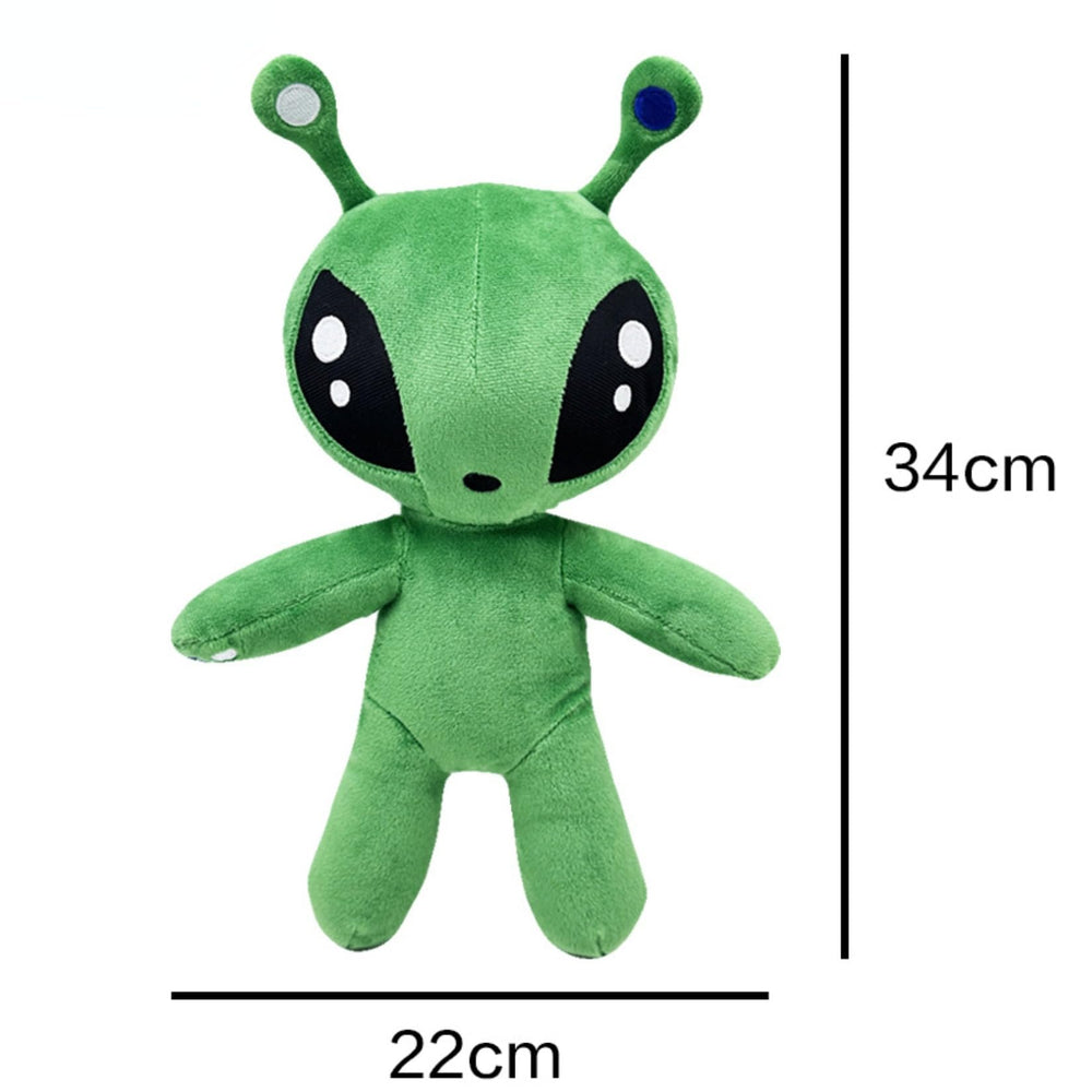 Shontay green alien plush toy demonstrates care tips for longevity