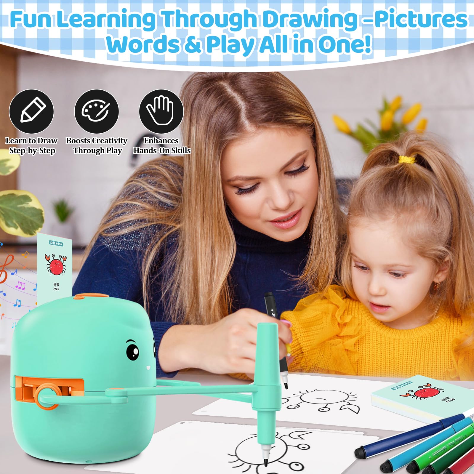 Shovira drawing robot during drawing with cheerful music playback