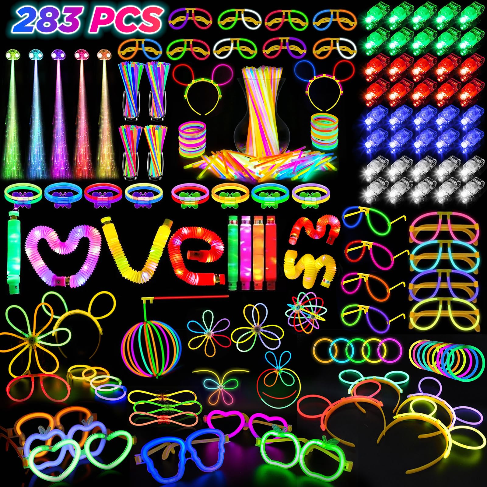 SHQDD glow sticks 100-pack illuminate neon parties and nighttime events with vibrant colors.