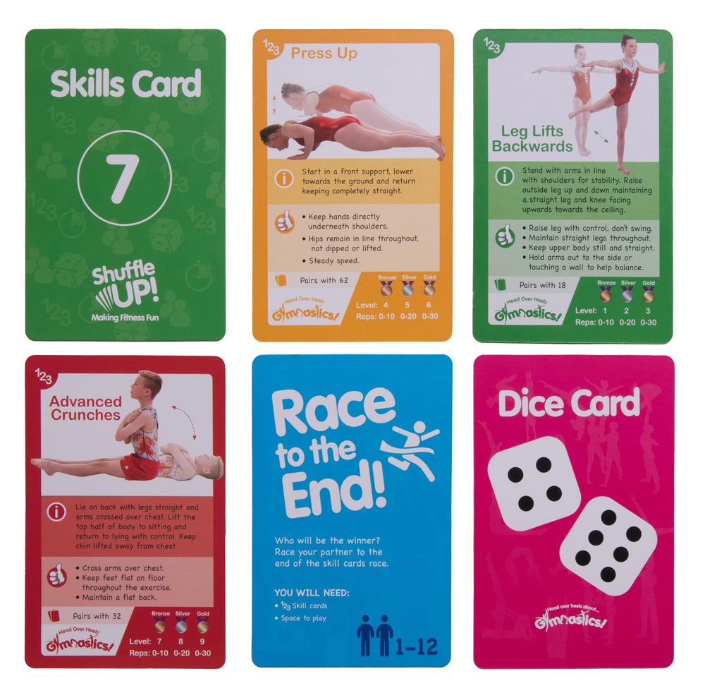 Shuffle Up Gymnastics two dice included for varied, dynamic challenges.