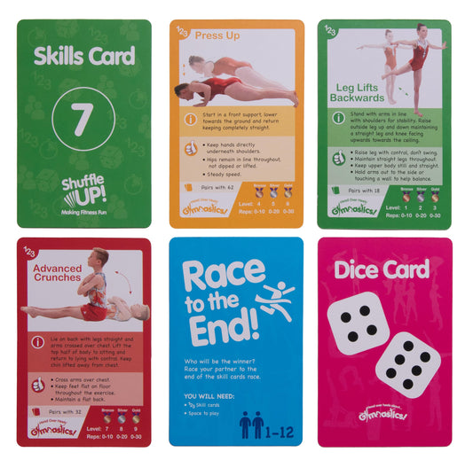 Shuffle Up Gymnastics two dice included for varied, dynamic challenges.