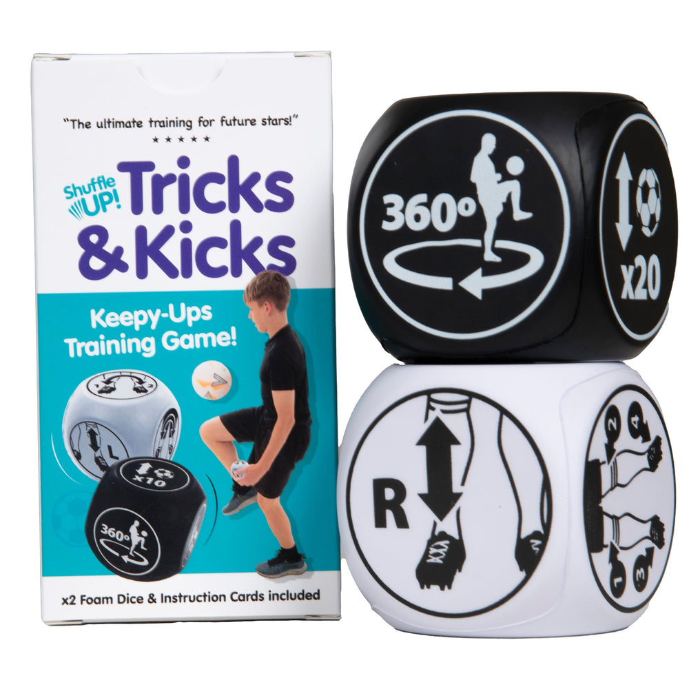Shuffle Up Tricks Kicks dice set cover, portable training kit for on-the-go soccer practice.