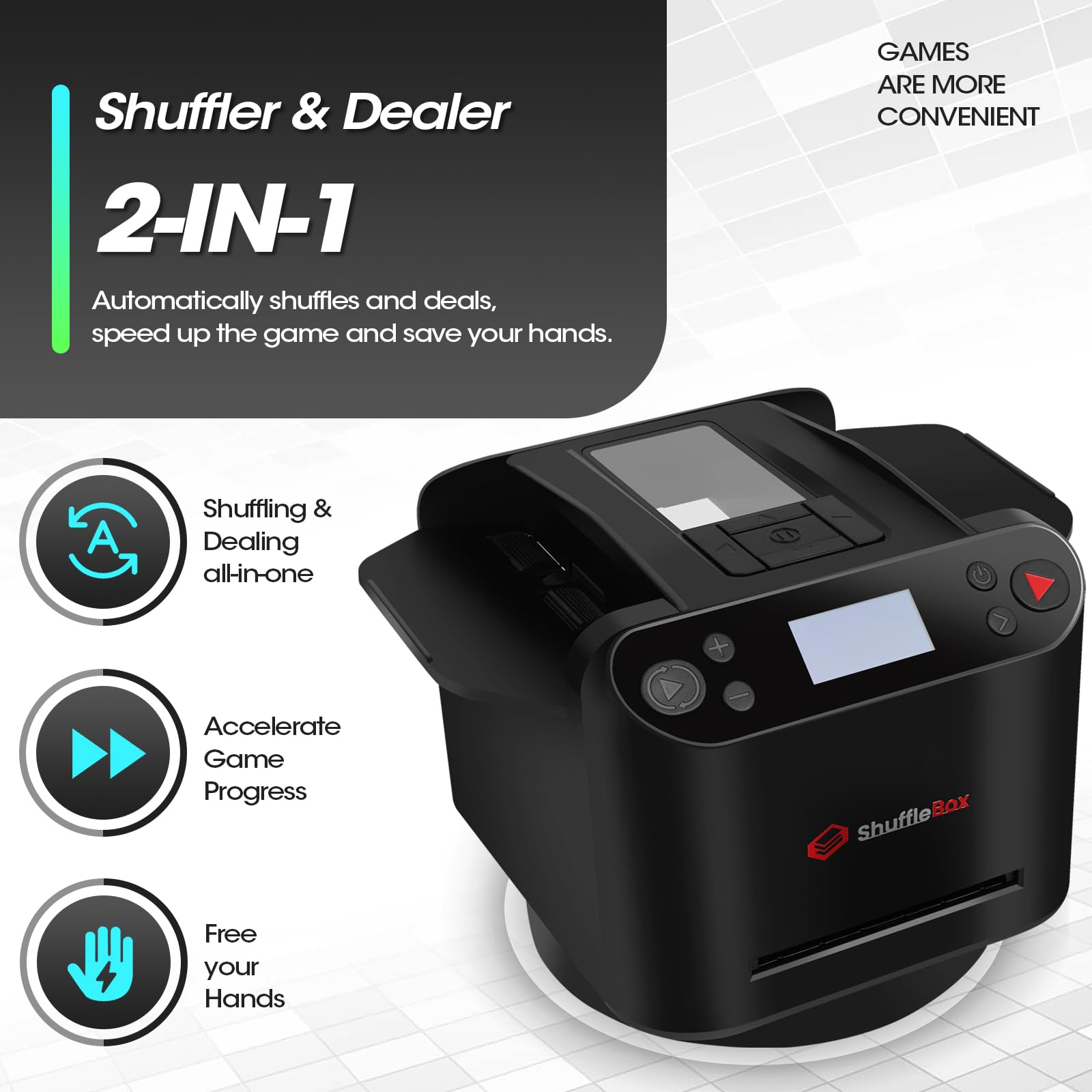 ShuffleBox G1 Pro control panel enables quick on-table card calls.