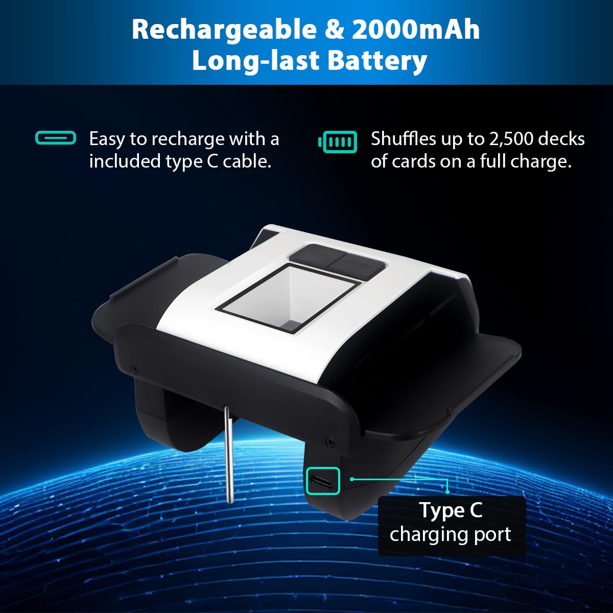 Retractable wings on ShuffleBox S1 adjust to standard and jumbo cards.