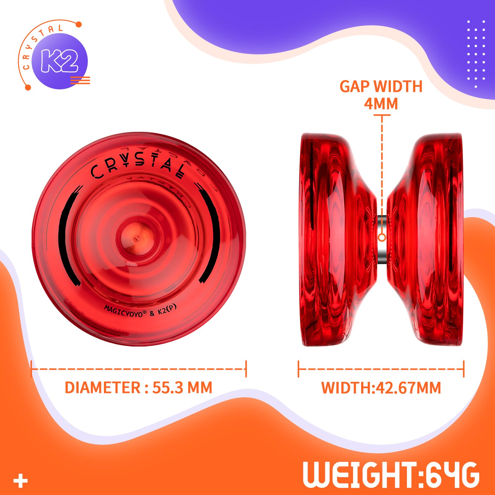 ShungRu K2 Crystal red yoyo side view highlighting compact mid-size design for portability.