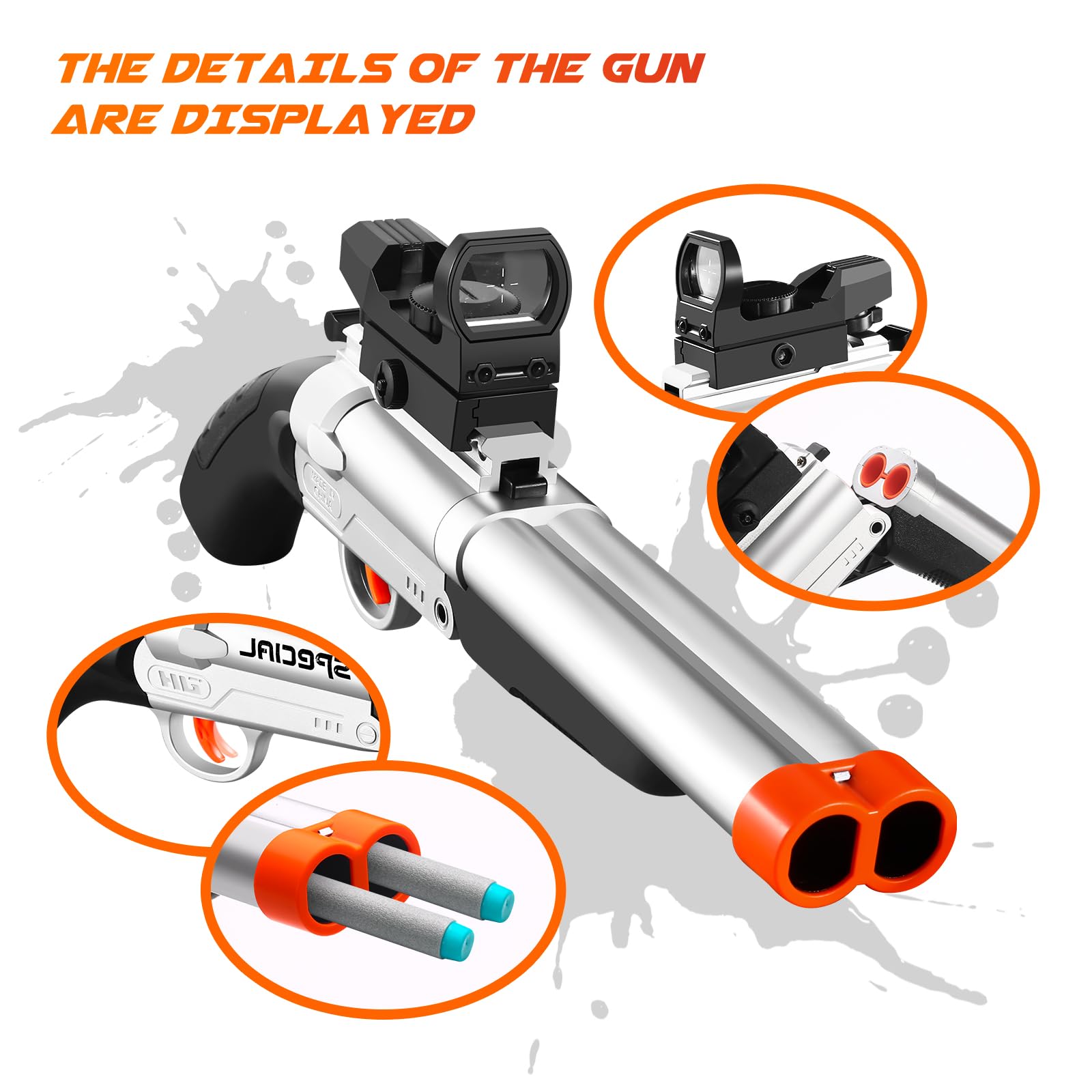 Shushuzz shotgun with sight and soft bullets for safer imaginative play.