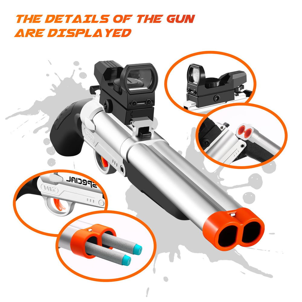 Shushuzz shotgun with sight and soft bullets for safer imaginative play.