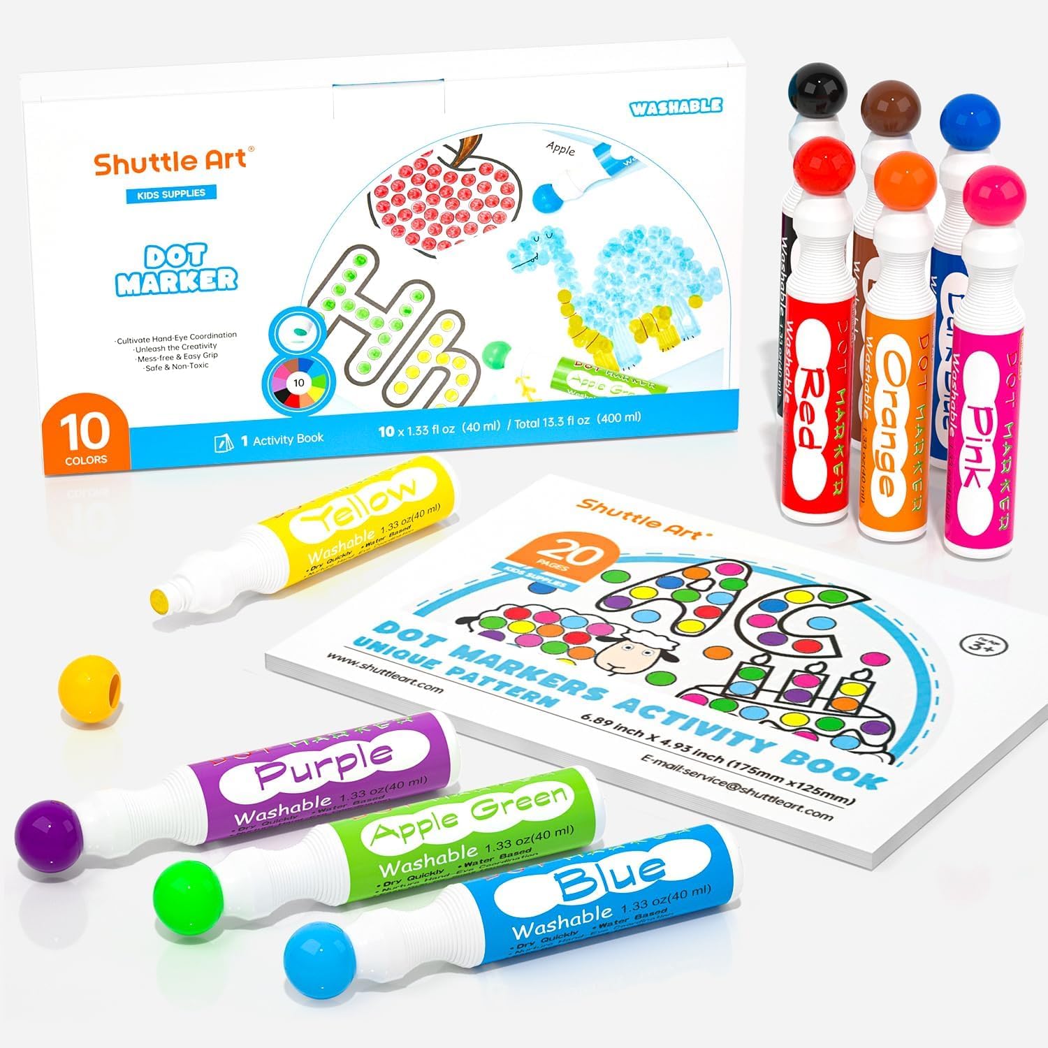 Shuttle Art 10-color dot markers front view showing vibrant pigments for creative play
