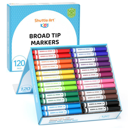 Shuttle Art 120-count markers in a box for tidy classroom storage and quick color access.