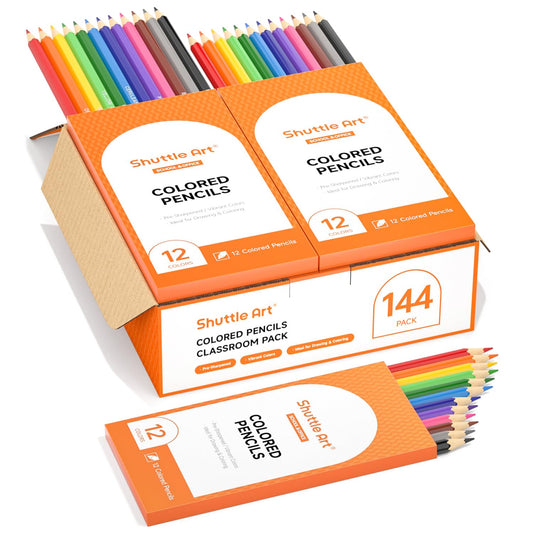 Shuttle Art 144-pack colored pencils bulk displayed for classroom use and restocking