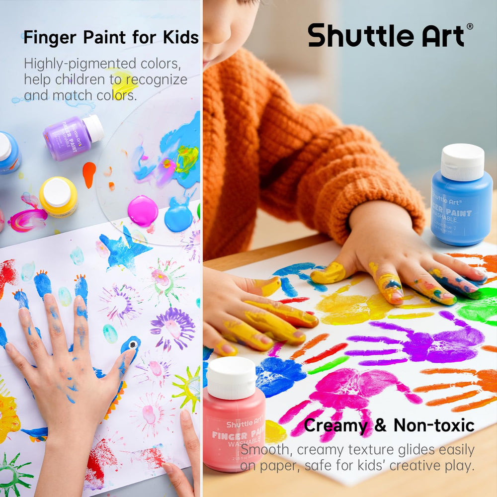 Shuttle Art kid-friendly finger paints designed for paper art.