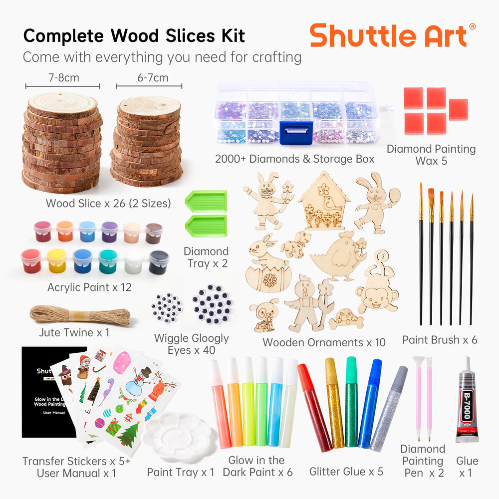 Shuttle Art diamond painting on wood slices adds glittering texture.