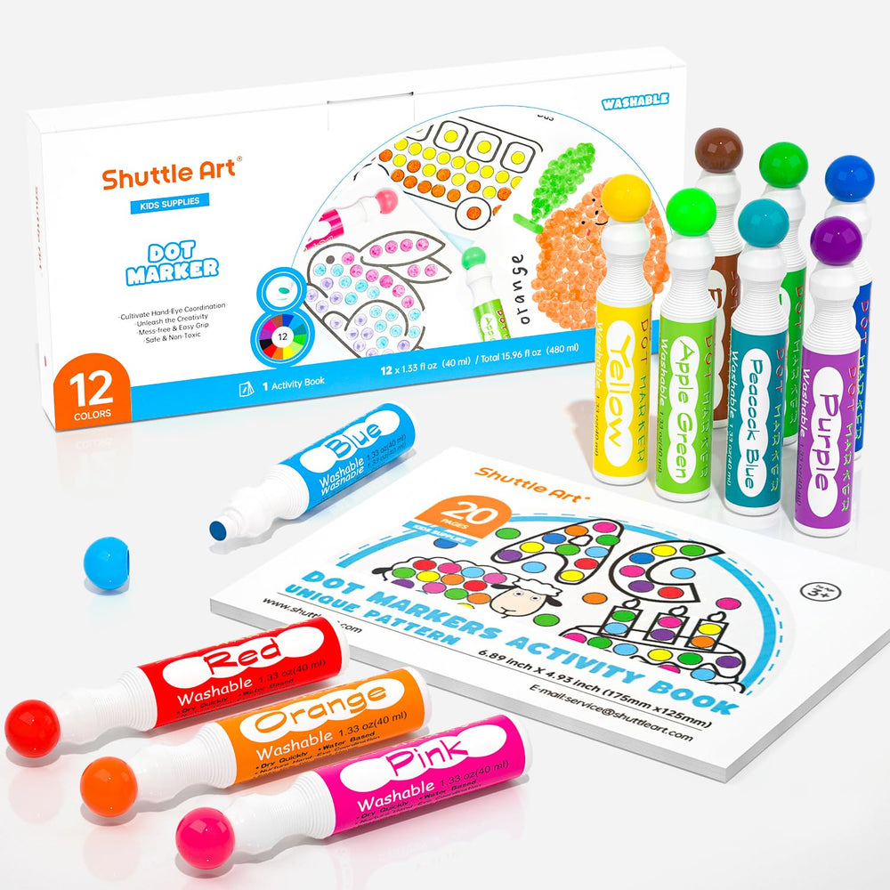 Shuttle Art Dot Makers showcases 12 colors for vibrant dot painting and fine motor practice.