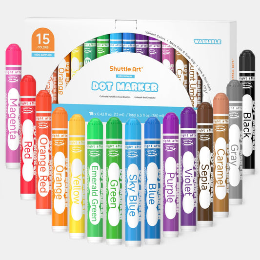 Shuttle Art dot markers 15 colors collection, vibrant and easy to wash