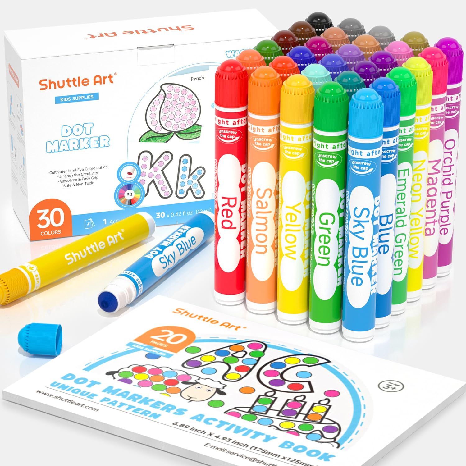 Shuttle Art dot markers 30-color array for vibrant, kid-friendly art projects.