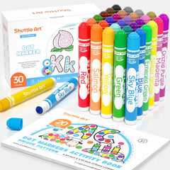 Shuttle Art dot markers 30-color array for vibrant, kid-friendly art projects.