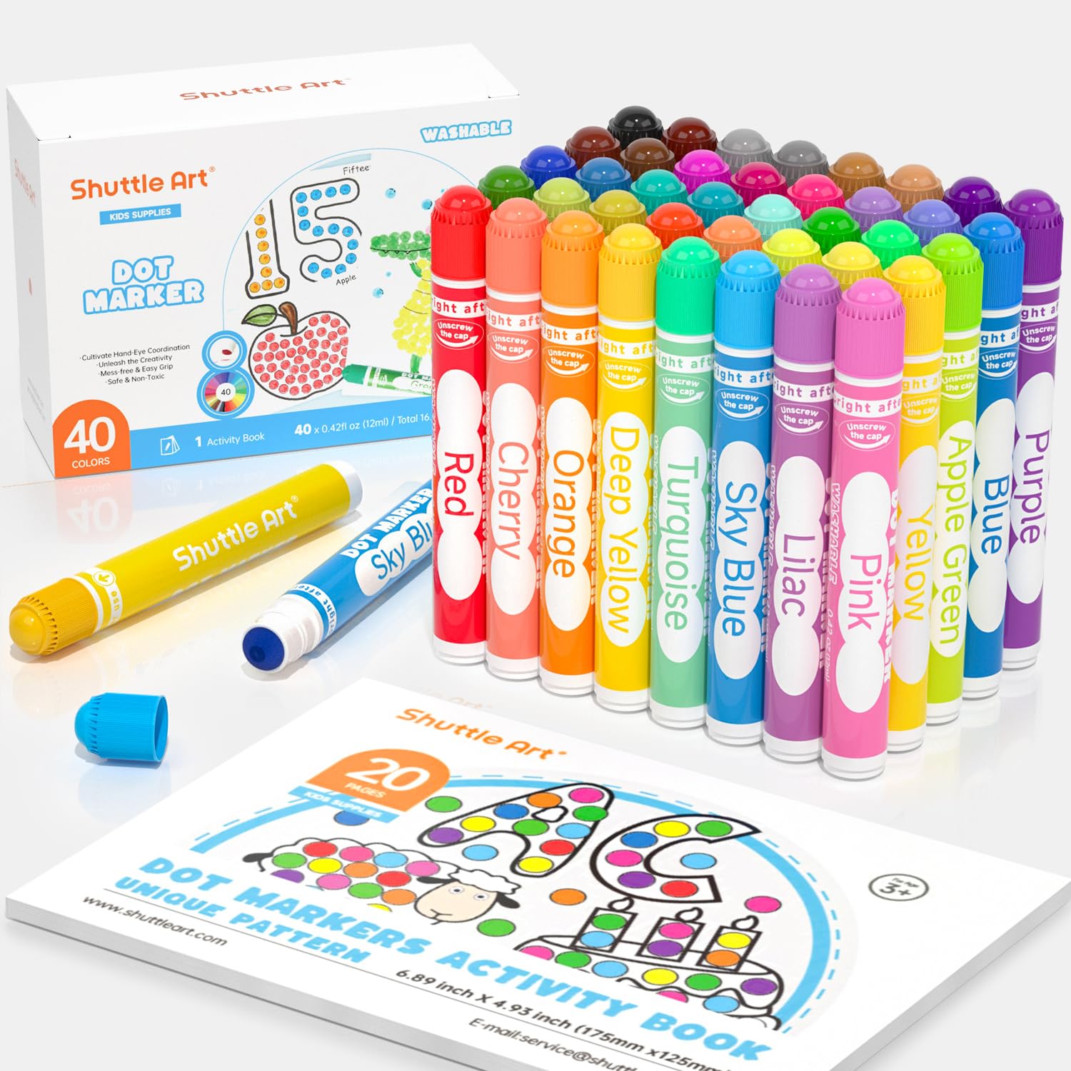 Shuttle Art dot markers set with 40 colors for vibrant coloring sessions.