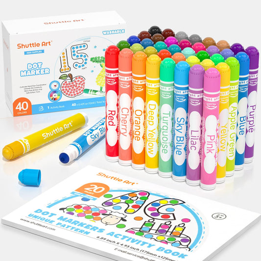 Shuttle Art dot markers set with 40 colors for vibrant coloring sessions.