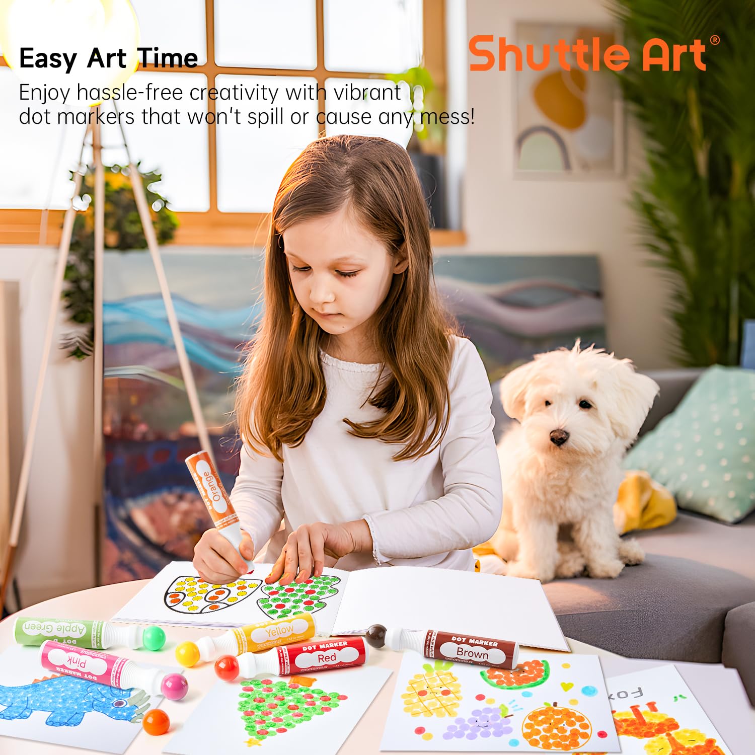 Shuttle Art dot markers in use on paper for bright dots