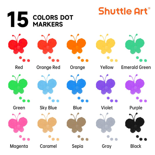 Shuttle Art dot markers ink bottle closeup, non-toxic ink for safe toddler art