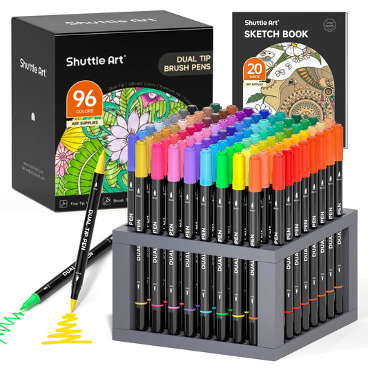 Shuttle Art dual tip brush pens with 96 colors in case for quick color selection