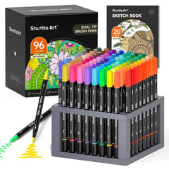 Shuttle Art dual tip brush pens with 96 colors in case for quick color selection