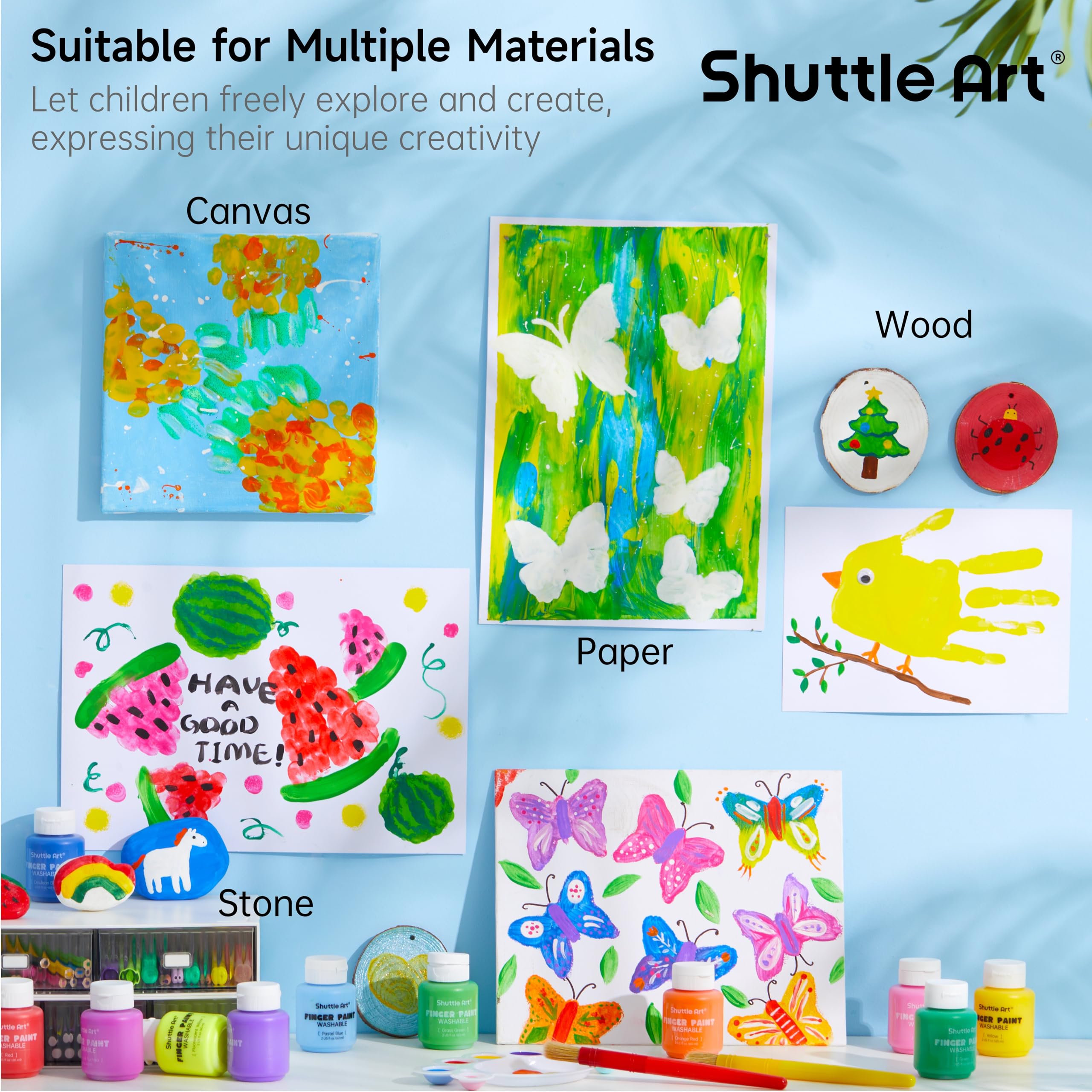 Shuttle Art finger paint washes away from skin and fabrics easily.